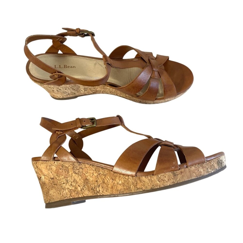 L.L. Bean Womens Cork Wedge Sandals Sz 8M Brown Leather Adjustable Straps Brazil